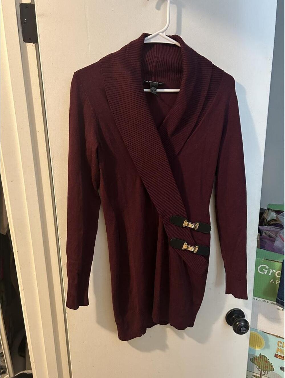 INC International Concepts burgundy wrap sweater dress size S